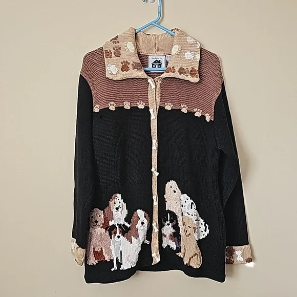 Storybook Knits Vtg 90's Dog Cardigan Sweater with Pupoy Bone Buttons Sz L EUC - Picture 1 of 11